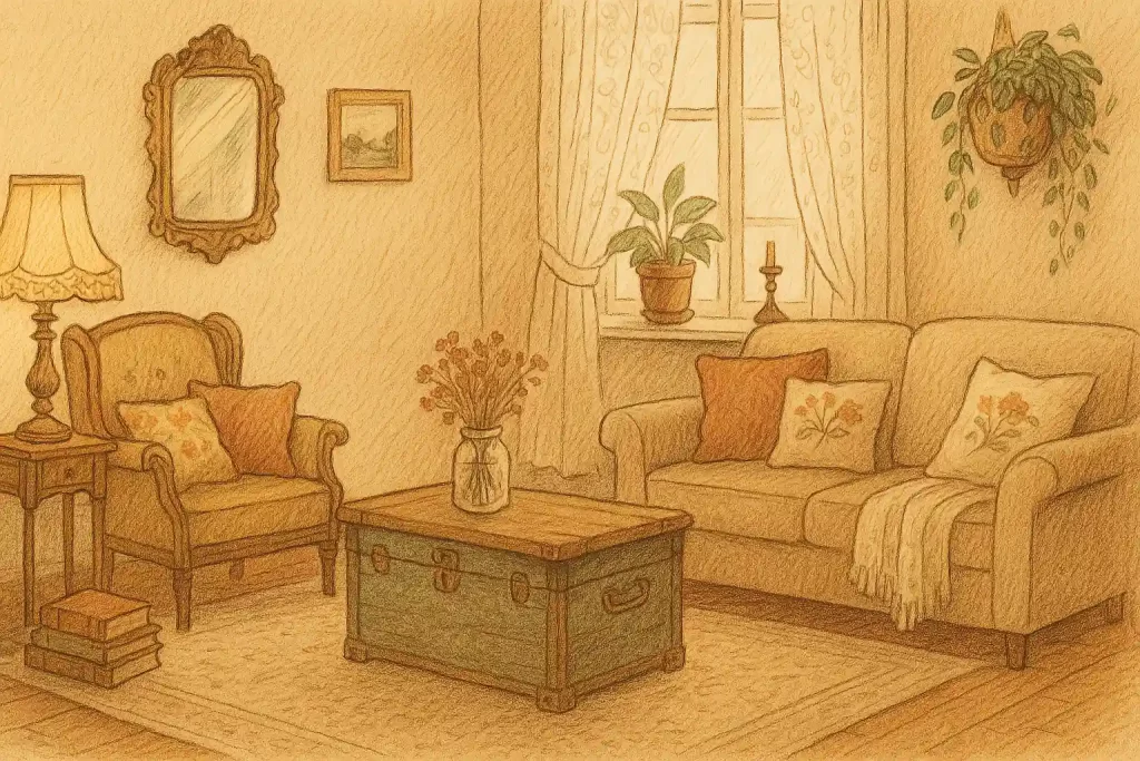 A vintage interior with items from the XXth century, flowers, and soft cushions.