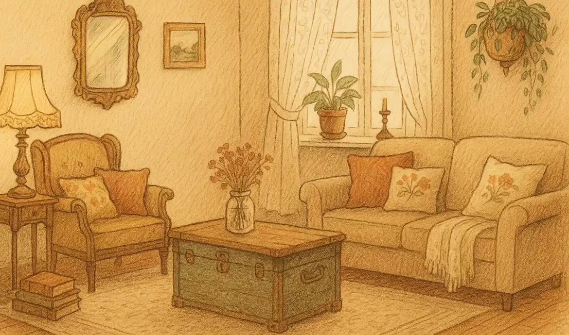 A vintage interior with items from the XXth century, flowers, and soft cushions.