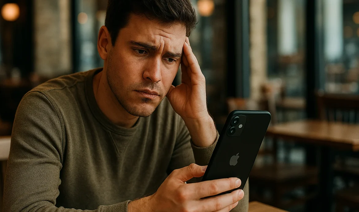 A young man sits in a café with a worried expression, checking his phone and unknowingly reinforcing the myth that closing apps stops all tracking.