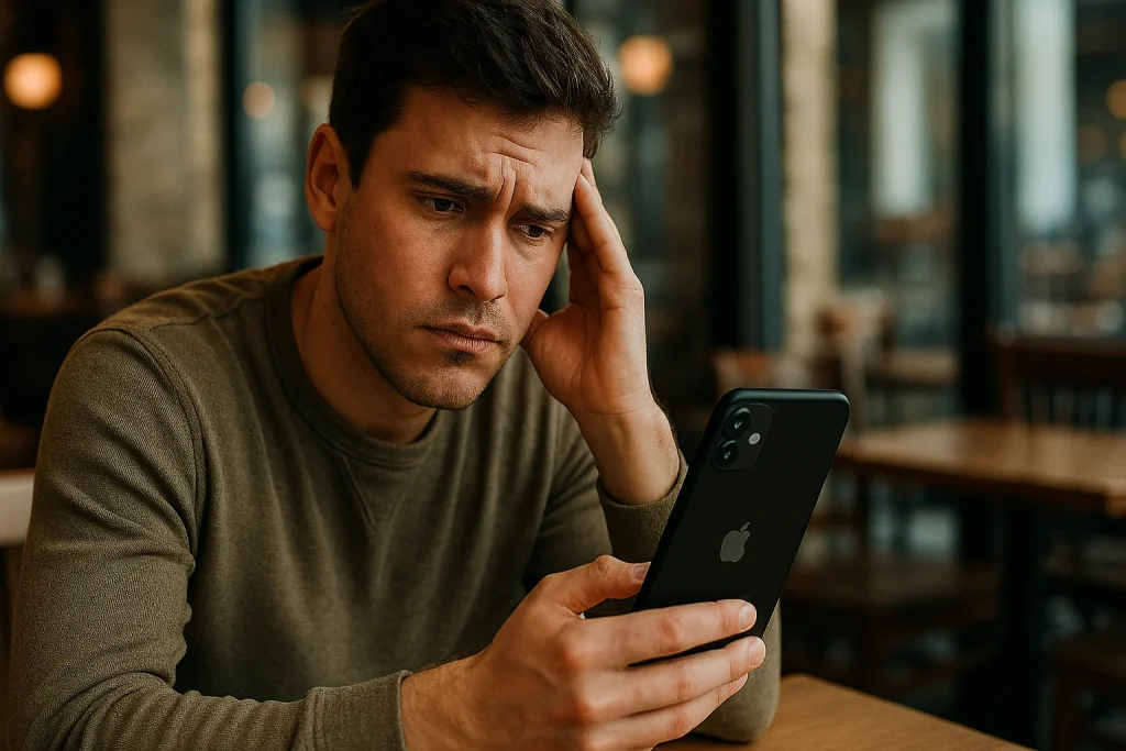 A young man sits in a café with a worried expression, checking his phone and unknowingly reinforcing the myth that closing apps stops all tracking.