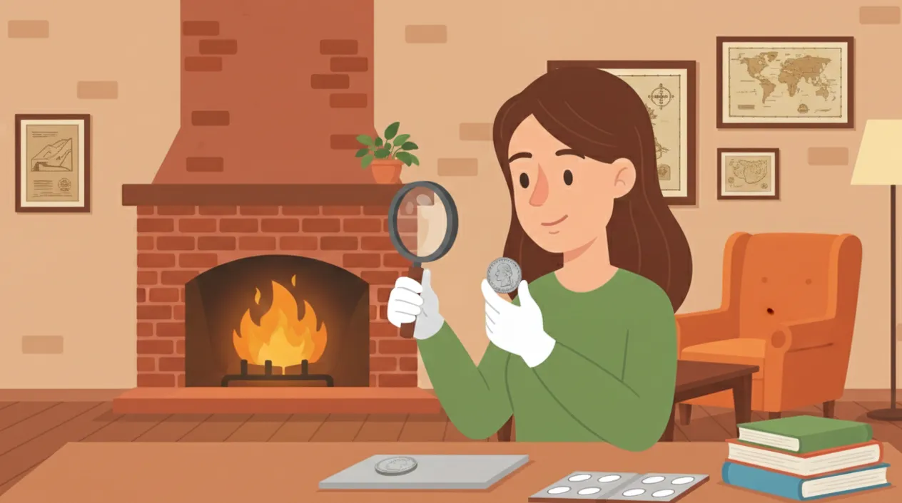 woman, comparing two Washington coins