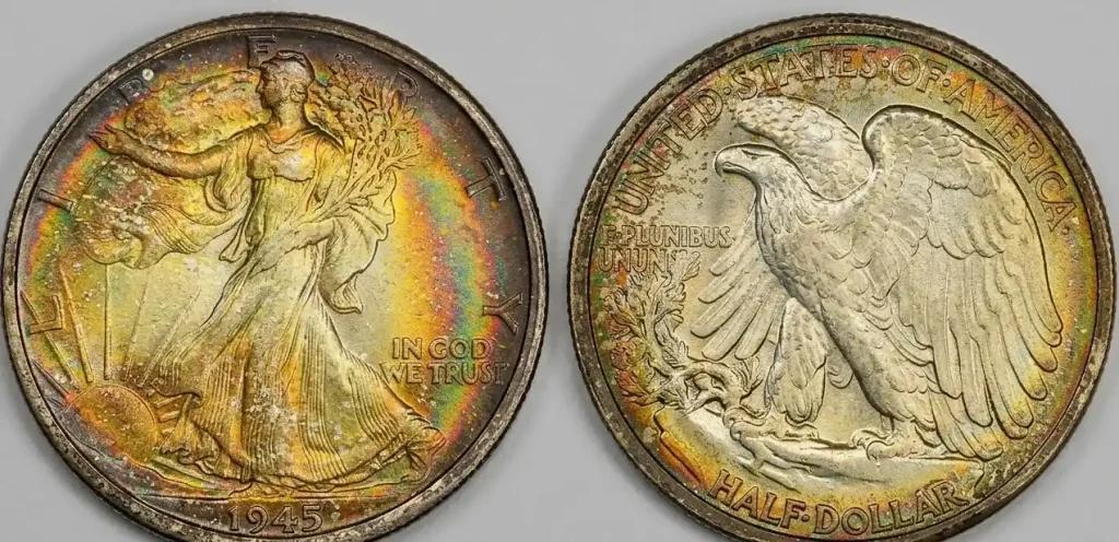 Close-up of a 1945 half dollar coin