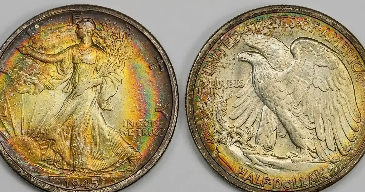 Close-up of a 1945 half dollar coin