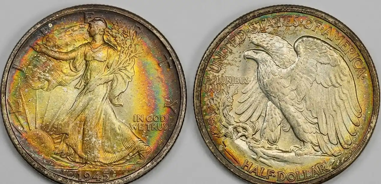 Close-up of a 1945 half dollar coin