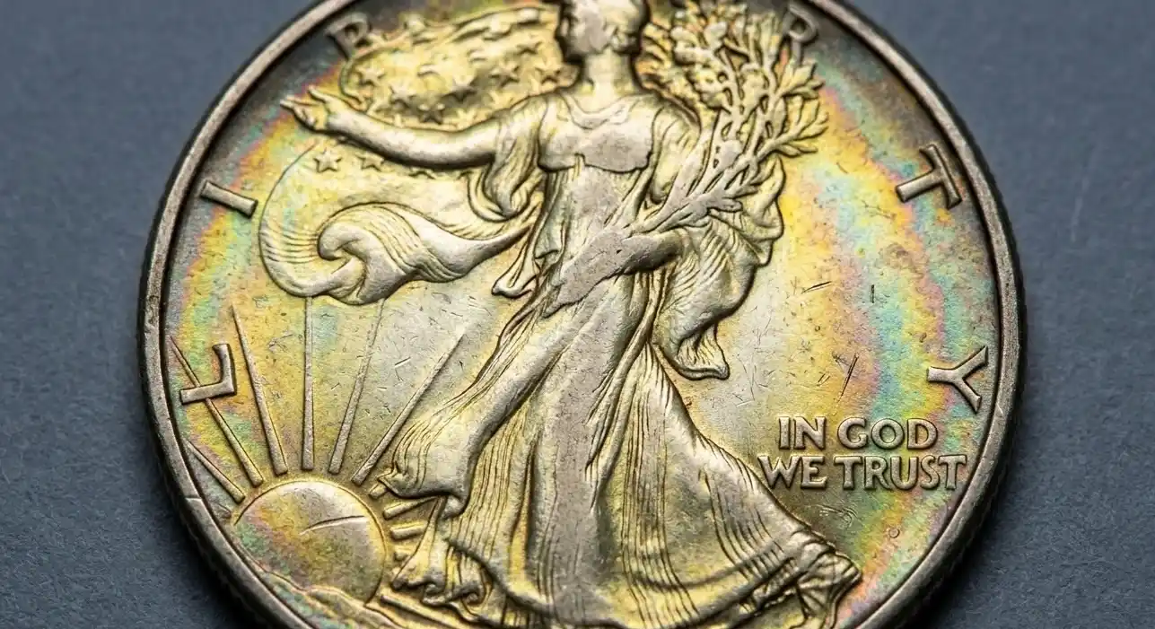 close-up of a 1945 half dollar obverse with visible wear